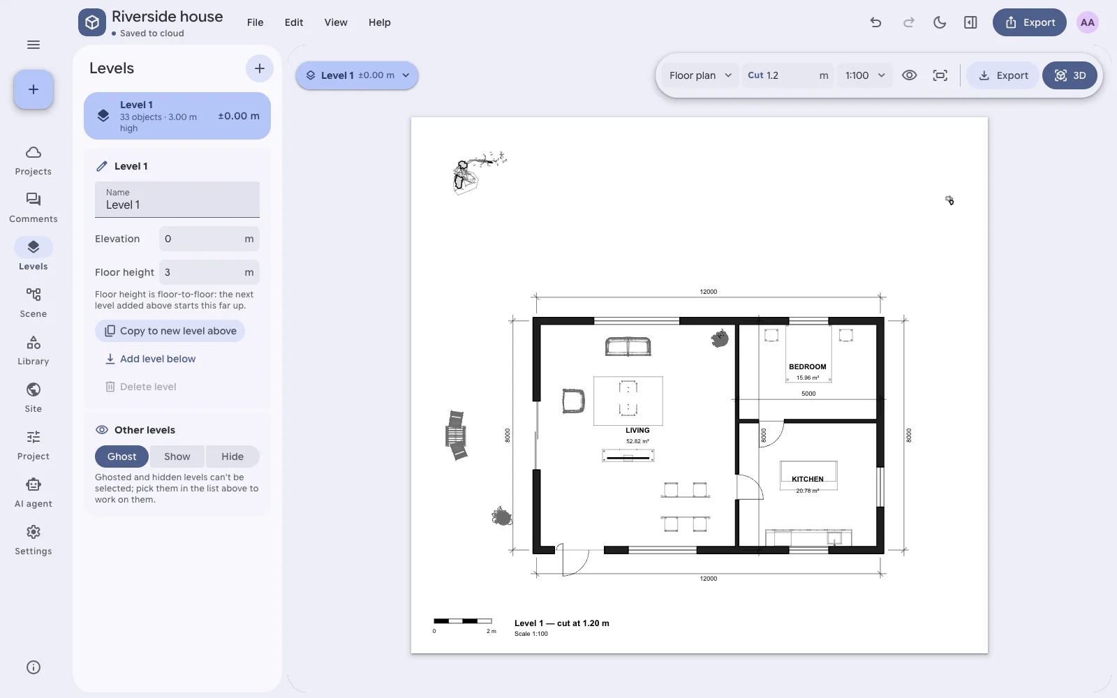 A floor plan with dimensions drawn from the model
