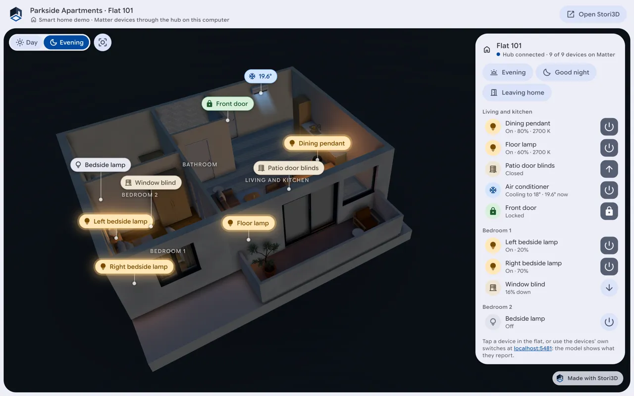 Flat 101 at night as a cut-away model: lamps lit in the living room and bedrooms, each device labelled, and the flat's controls beside it