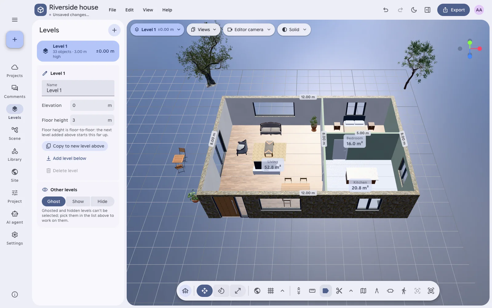 Walls, rooms and their areas in the Stori3D editor