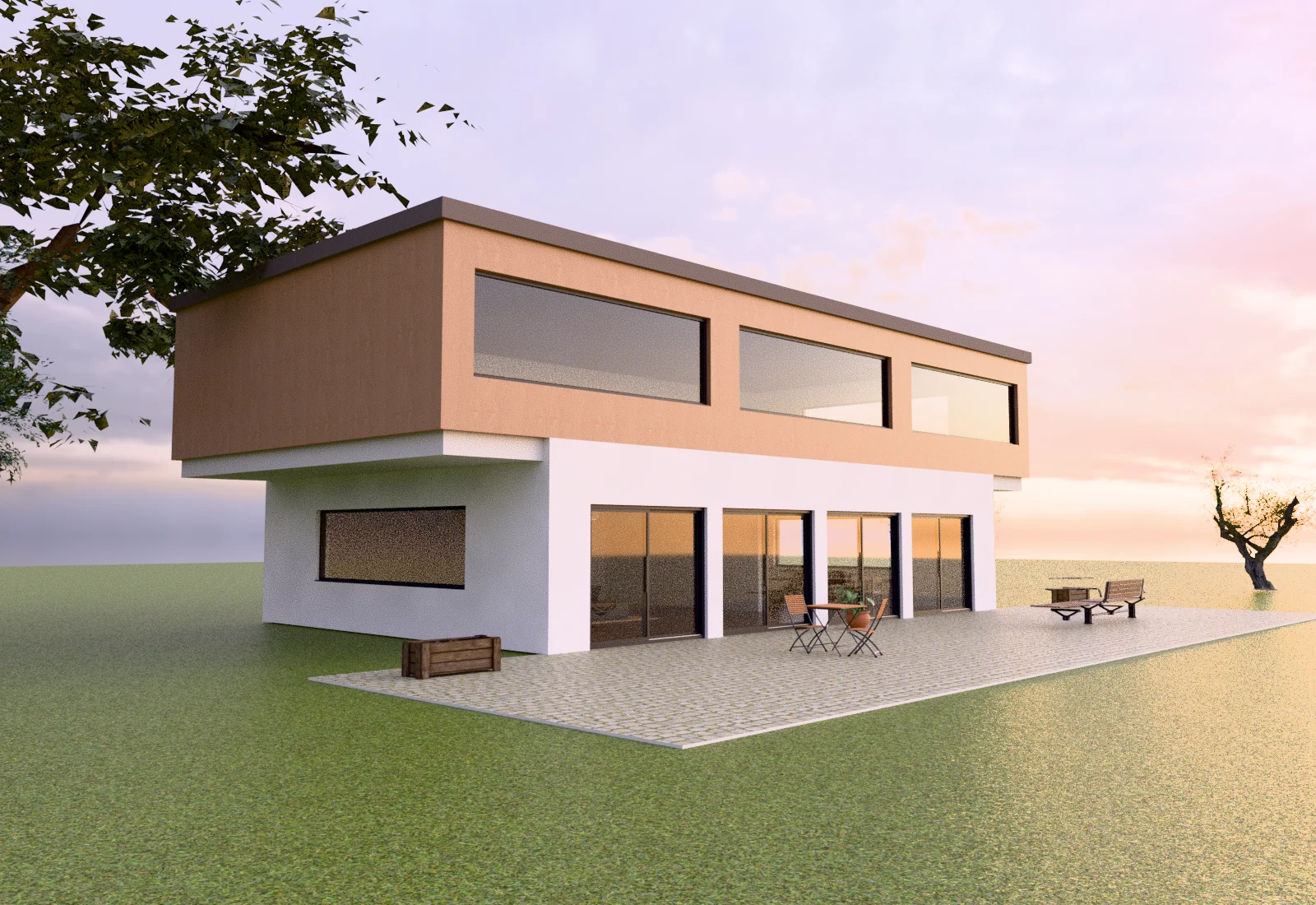 The villa and terrace at dusk under a pink sky