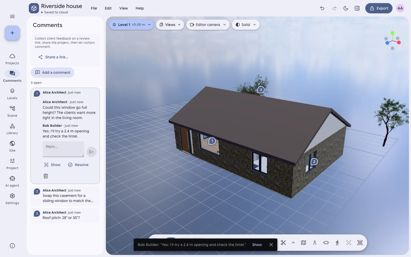 Client comments pinned in the model